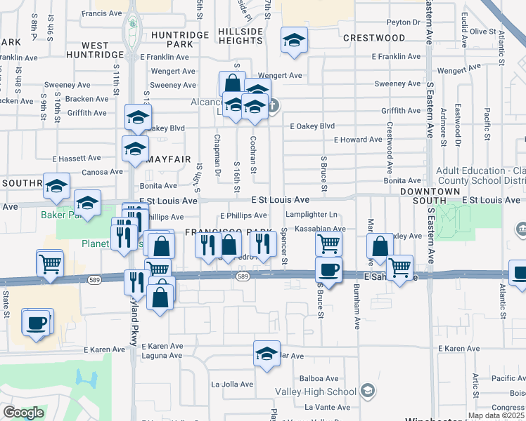 map of restaurants, bars, coffee shops, grocery stores, and more near 1626 East Phillips Avenue in Las Vegas