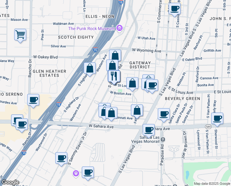 map of restaurants, bars, coffee shops, grocery stores, and more near 316 West Baltimore Avenue in Las Vegas