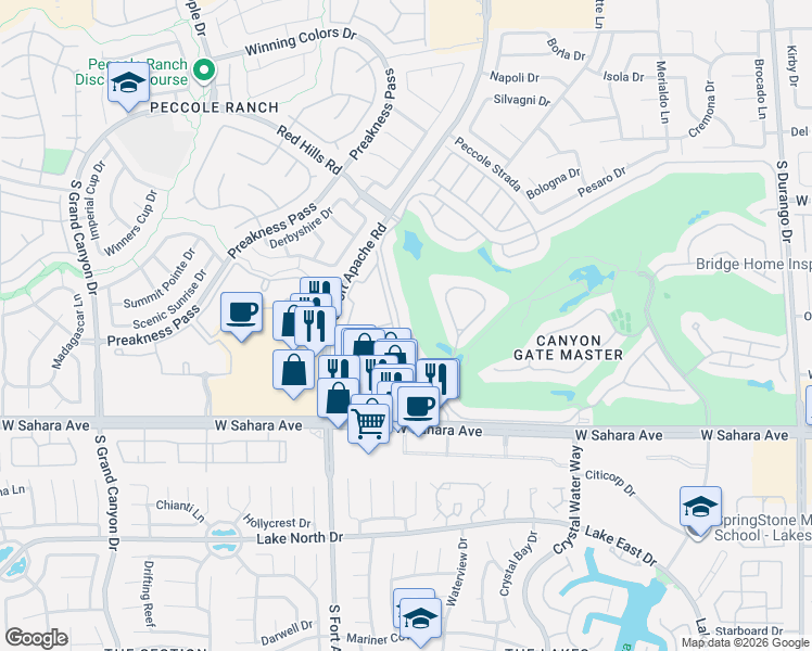 map of restaurants, bars, coffee shops, grocery stores, and more near 2100 Bay Hill Drive in Las Vegas