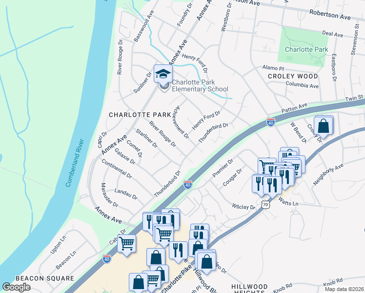 map of restaurants, bars, coffee shops, grocery stores, and more near 509 River Rouge Drive in Nashville
