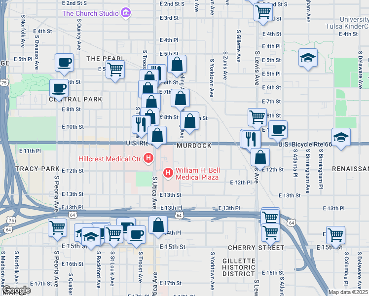 map of restaurants, bars, coffee shops, grocery stores, and more near 1120 South Xanthus Avenue in Tulsa