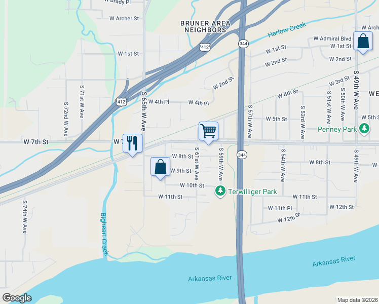 map of restaurants, bars, coffee shops, grocery stores, and more near 6112 West 8th Street in Tulsa