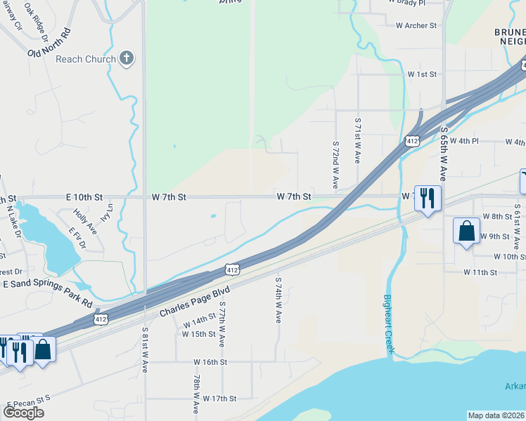 map of restaurants, bars, coffee shops, grocery stores, and more near 7336 West 7th Street in Sand Springs
