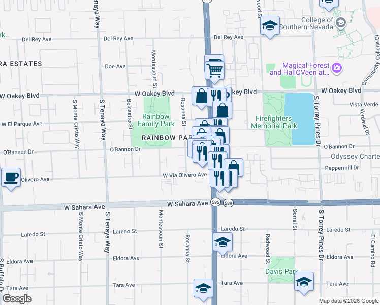 map of restaurants, bars, coffee shops, grocery stores, and more near 6995 O'Bannon Drive in Las Vegas