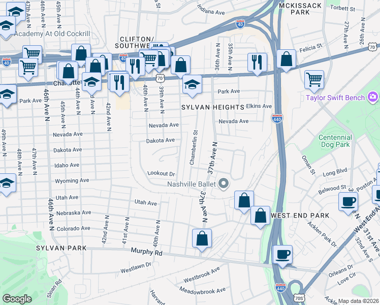 map of restaurants, bars, coffee shops, grocery stores, and more near 270 38th Avenue North in Nashville