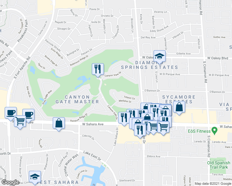 map of restaurants, bars, coffee shops, grocery stores, and more near 2112 Lookout Point Circle in Las Vegas