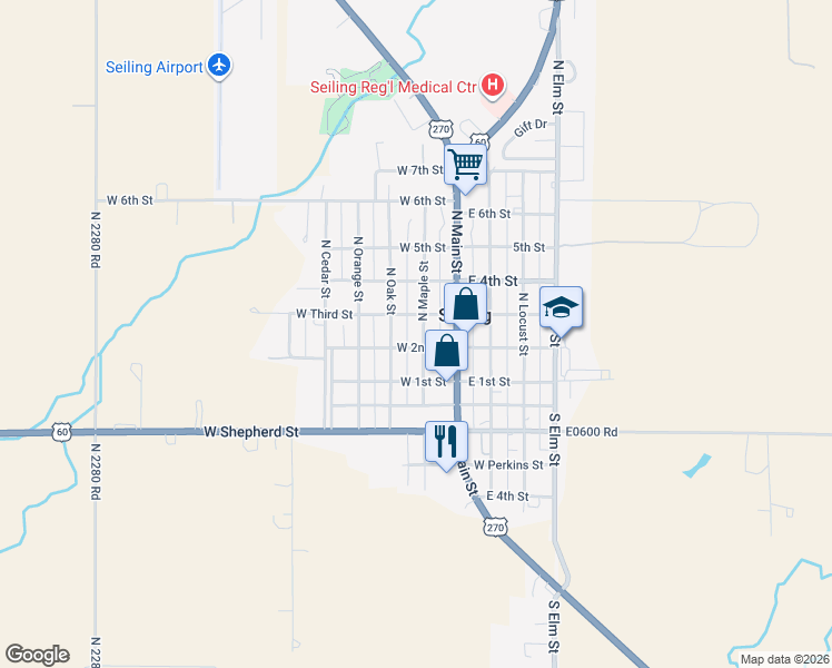 map of restaurants, bars, coffee shops, grocery stores, and more near 301 West 2nd Street in Seiling