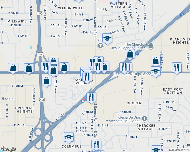 map of restaurants, bars, coffee shops, grocery stores, and more near in Tulsa