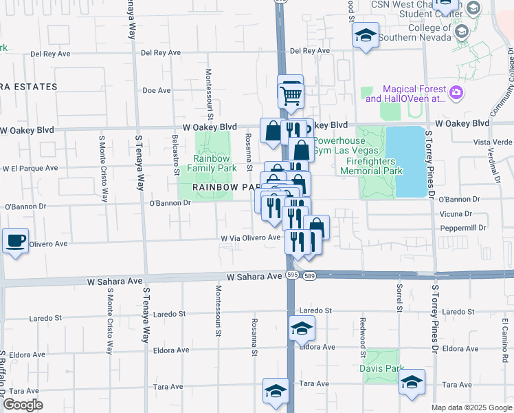 map of restaurants, bars, coffee shops, grocery stores, and more near 2250 Rosanna Street in Las Vegas