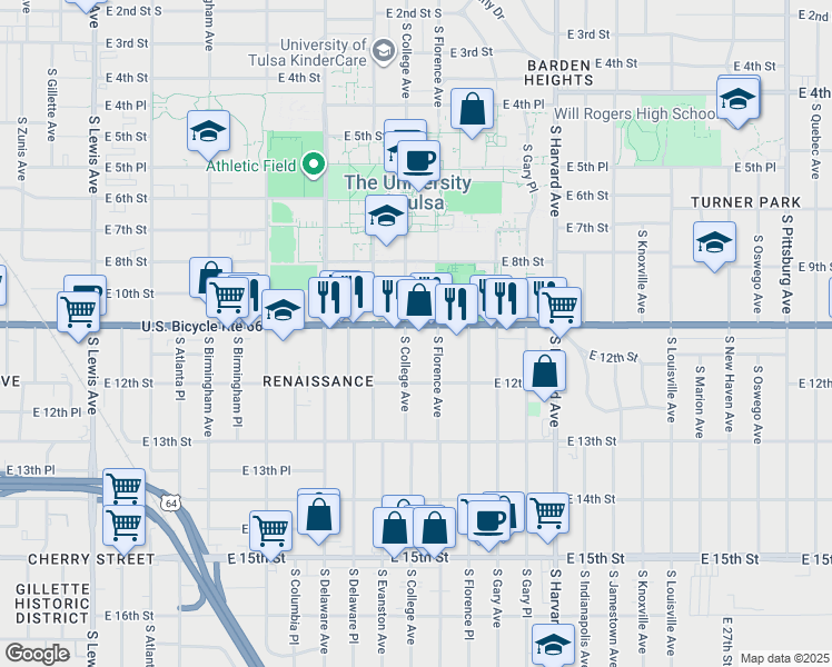 map of restaurants, bars, coffee shops, grocery stores, and more near 1115 South College Avenue in Tulsa