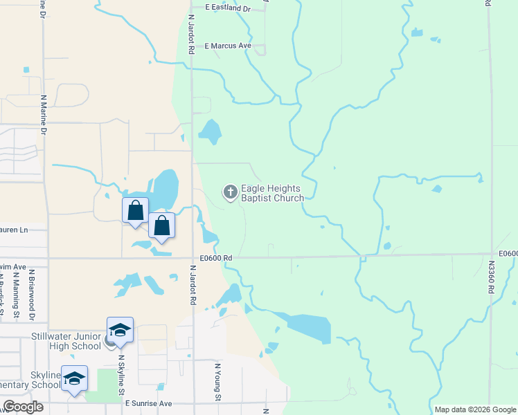 map of restaurants, bars, coffee shops, grocery stores, and more near 2314 E0600 Road in Stillwater