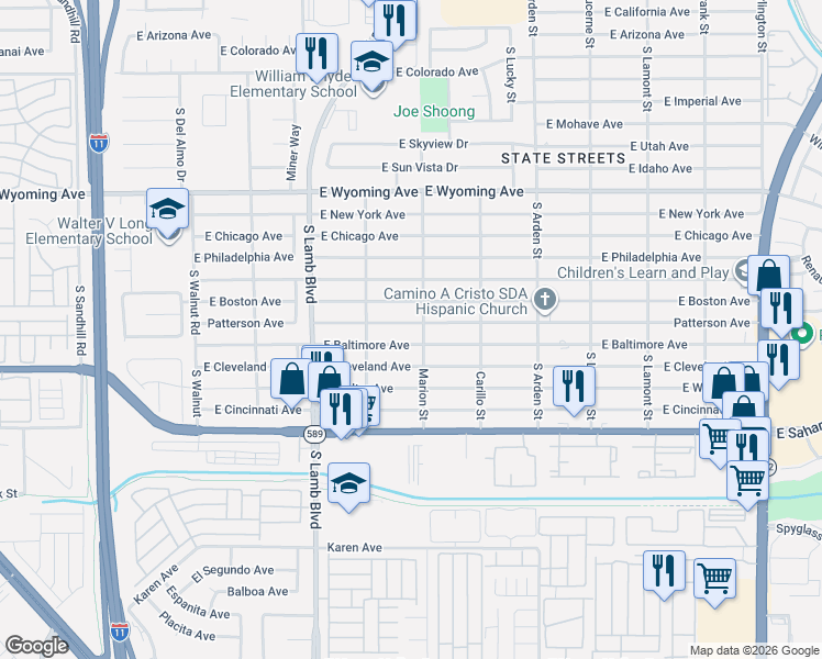 map of restaurants, bars, coffee shops, grocery stores, and more near 4407 East Baltimore Avenue in Las Vegas