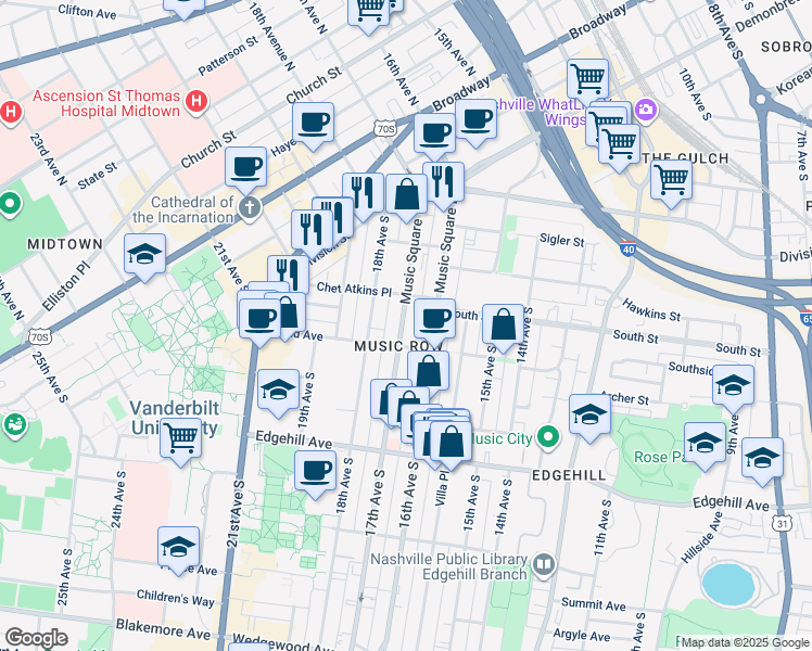 map of restaurants, bars, coffee shops, grocery stores, and more near 70 Music Square West in Nashville