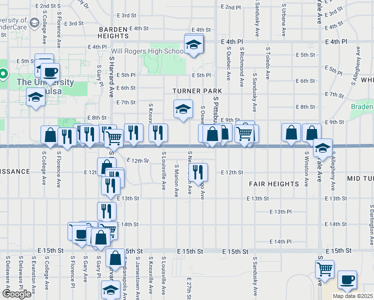 map of restaurants, bars, coffee shops, grocery stores, and more near 3817 East 11th Place in Tulsa