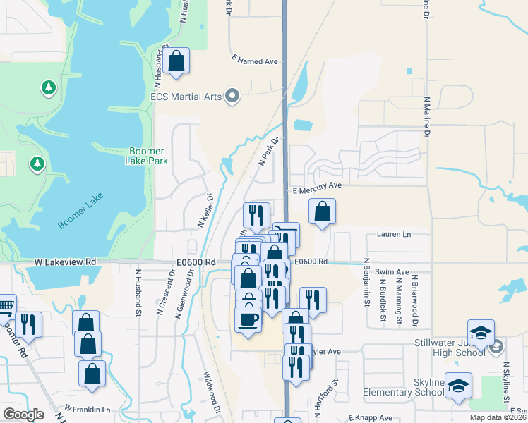 map of restaurants, bars, coffee shops, grocery stores, and more near 2503 North North Star Drive in Stillwater