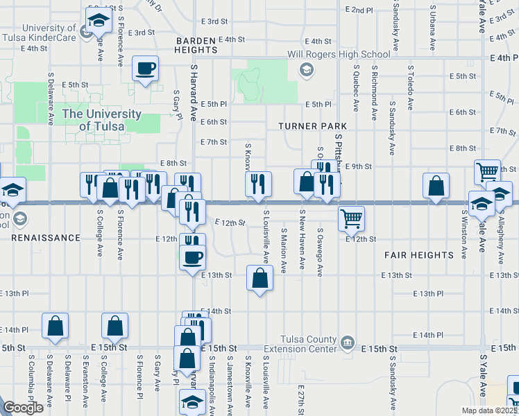 map of restaurants, bars, coffee shops, grocery stores, and more near 3515 East 12th Street in Tulsa