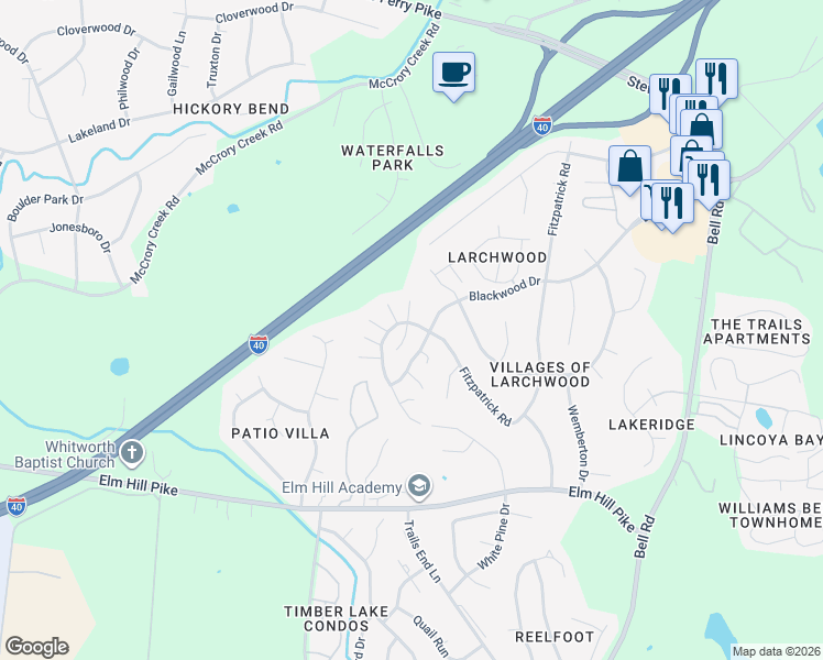 map of restaurants, bars, coffee shops, grocery stores, and more near 2824 Blackwood Drive in Nashville