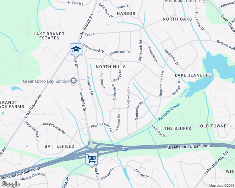 map of restaurants, bars, coffee shops, grocery stores, and more near 4 Roxby Court in Greensboro