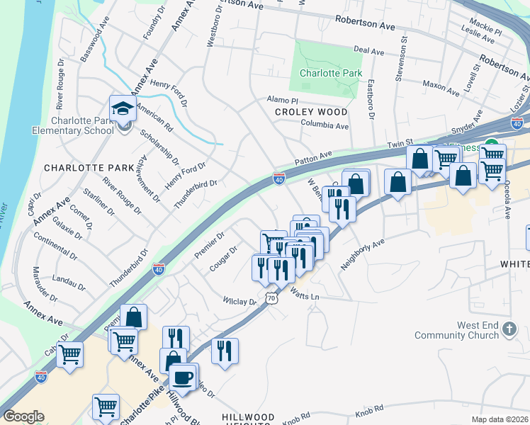 map of restaurants, bars, coffee shops, grocery stores, and more near 415 American Road in Nashville
