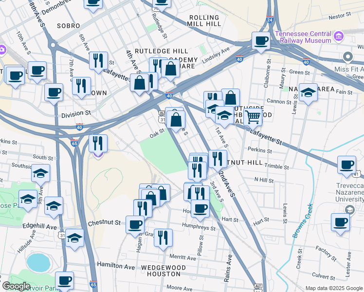 map of restaurants, bars, coffee shops, grocery stores, and more near 1048 4th Avenue South in Nashville