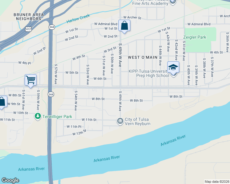 map of restaurants, bars, coffee shops, grocery stores, and more near 4915 West 8th Street in Tulsa
