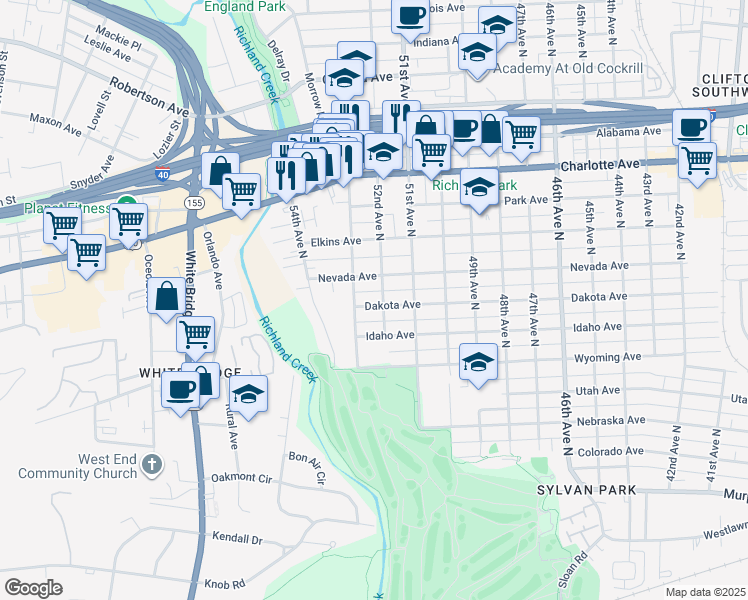map of restaurants, bars, coffee shops, grocery stores, and more near 5201 Dakota Avenue in Nashville