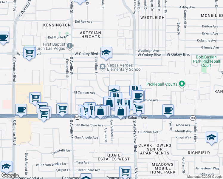 map of restaurants, bars, coffee shops, grocery stores, and more near 2205 Las Verdes Street in Las Vegas