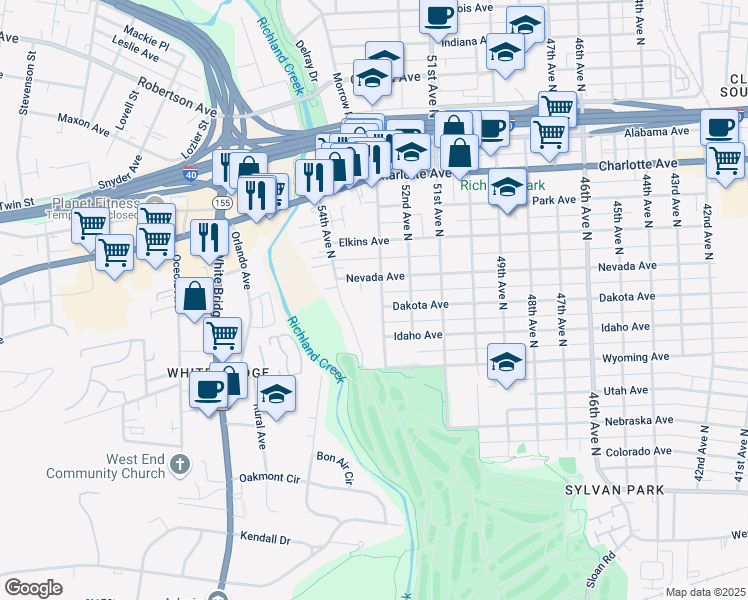 map of restaurants, bars, coffee shops, grocery stores, and more near 217 53rd Avenue North in Nashville