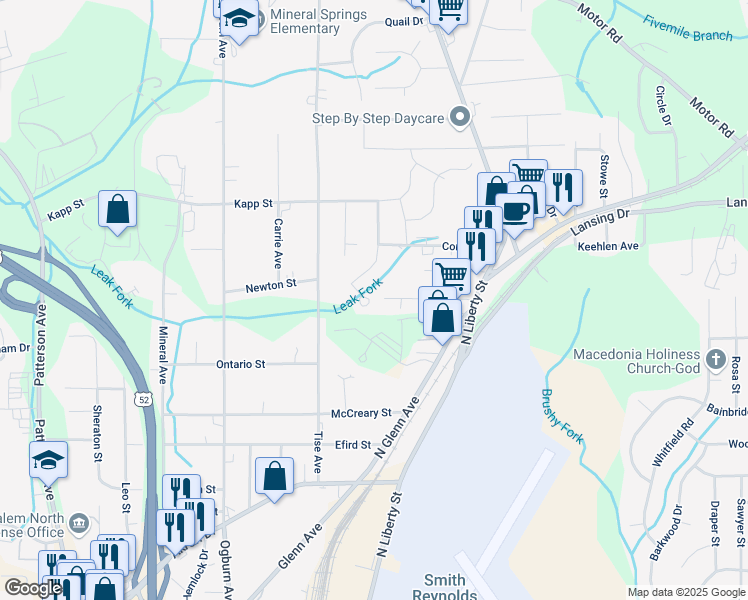 map of restaurants, bars, coffee shops, grocery stores, and more near 4317 Grove Avenue in Winston-Salem