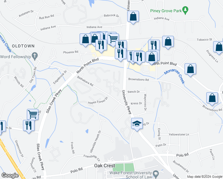 map of restaurants, bars, coffee shops, grocery stores, and more near 834 Scholastic Drive in Winston-Salem
