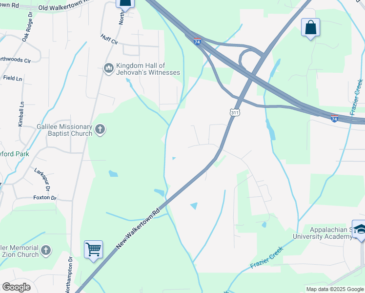 map of restaurants, bars, coffee shops, grocery stores, and more near 2820 Amber Lane Northeast in Winston-Salem