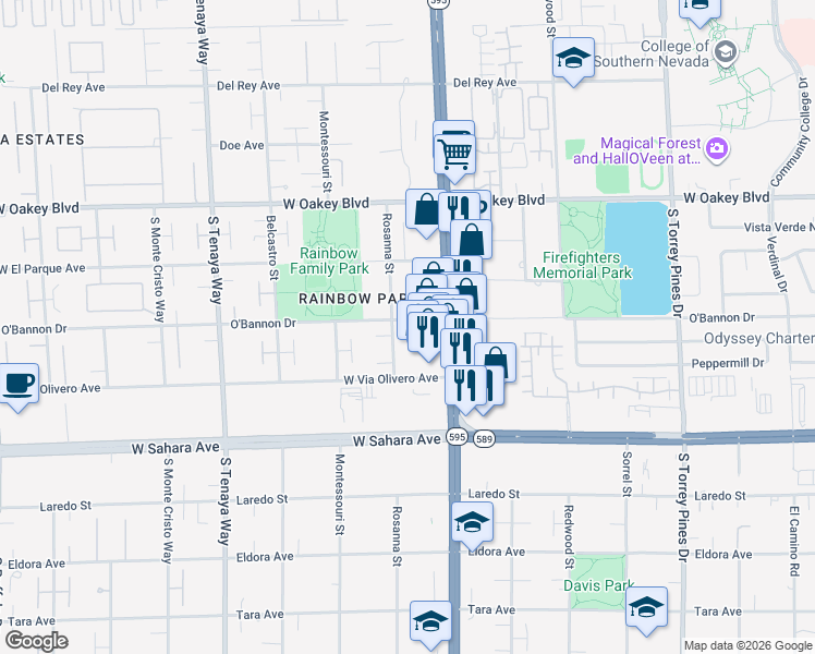 map of restaurants, bars, coffee shops, grocery stores, and more near 2250 Rosanna Street in Las Vegas