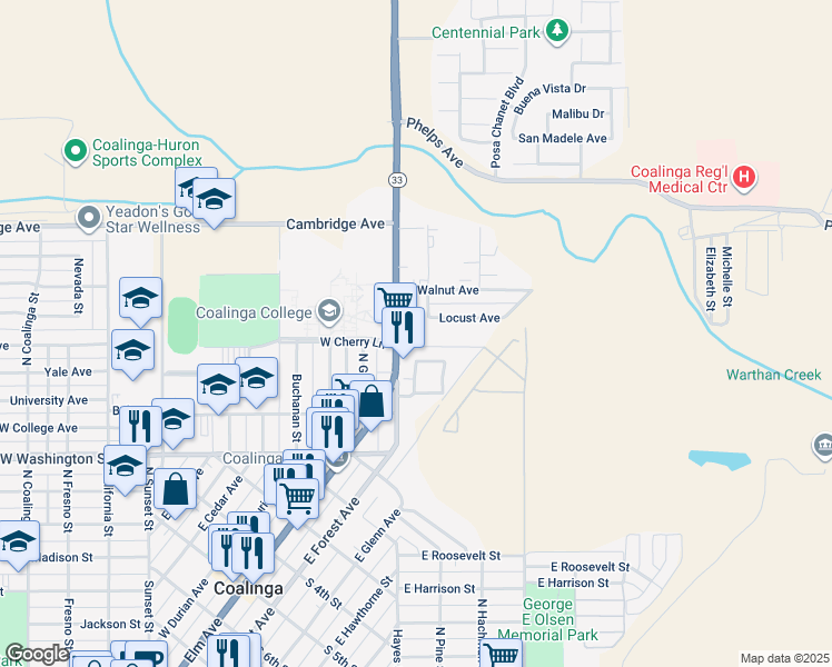map of restaurants, bars, coffee shops, grocery stores, and more near 700 Elm Avenue in Coalinga