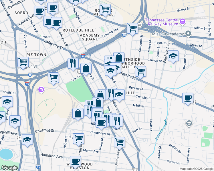 map of restaurants, bars, coffee shops, grocery stores, and more near 1079 2nd Avenue South in Nashville