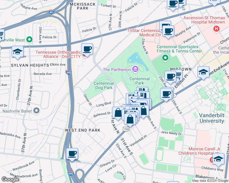 map of restaurants, bars, coffee shops, grocery stores, and more near 307 31st Avenue North in Nashville