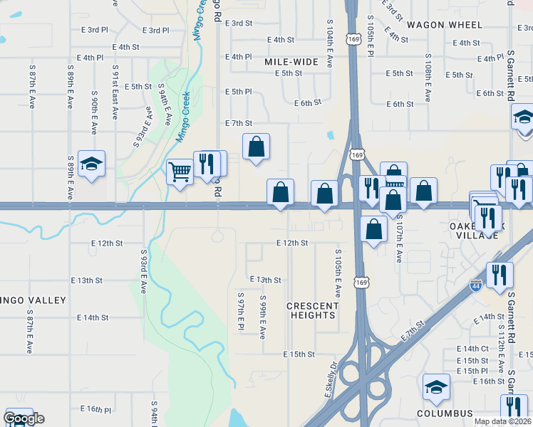 map of restaurants, bars, coffee shops, grocery stores, and more near 9837 East 12th Street in Tulsa