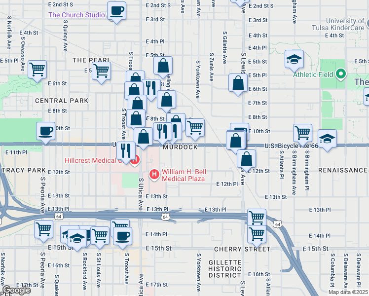 map of restaurants, bars, coffee shops, grocery stores, and more near 1120 South Xanthus Avenue in Tulsa