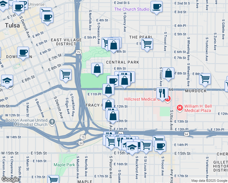 map of restaurants, bars, coffee shops, grocery stores, and more near 1121 South Quaker Avenue in Tulsa