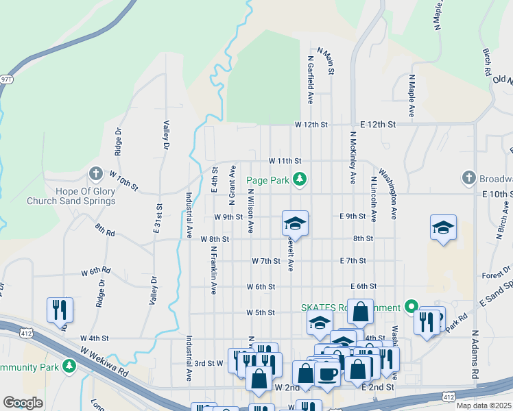 map of restaurants, bars, coffee shops, grocery stores, and more near 822 North Wilson Avenue in Sand Springs