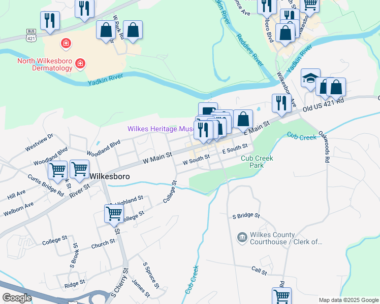 map of restaurants, bars, coffee shops, grocery stores, and more near 201 West Main Street in Wilkesboro