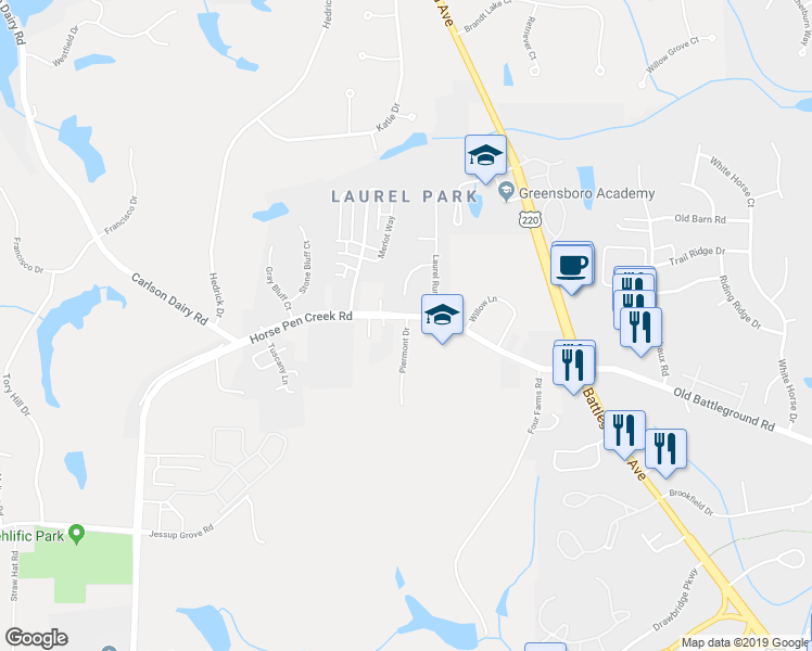 map of restaurants, bars, coffee shops, grocery stores, and more near 4209 Piermont Drive in Greensboro
