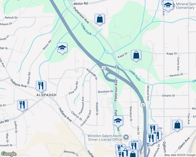 map of restaurants, bars, coffee shops, grocery stores, and more near 547 Alspaugh Drive in Winston-Salem