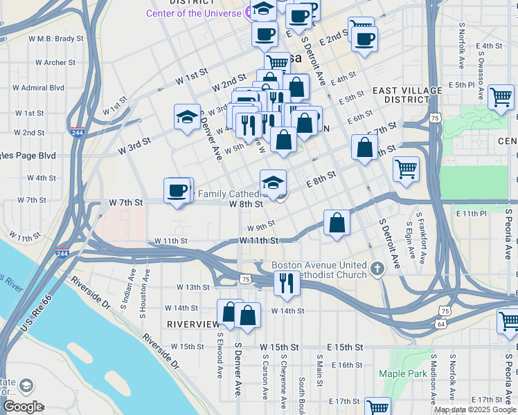 map of restaurants, bars, coffee shops, grocery stores, and more near 202 West 8th Street in Tulsa