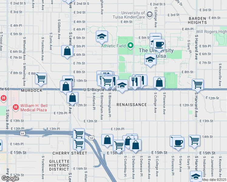 map of restaurants, bars, coffee shops, grocery stores, and more near 1124 South Columbia Avenue in Tulsa