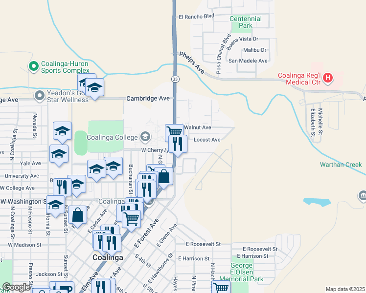map of restaurants, bars, coffee shops, grocery stores, and more near 700 Elm Avenue in Coalinga