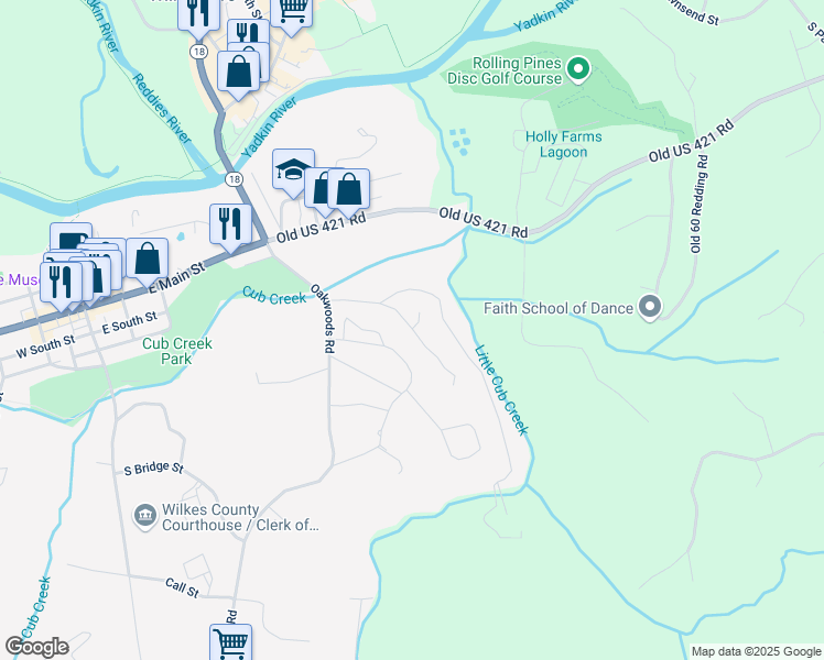map of restaurants, bars, coffee shops, grocery stores, and more near 352 Forest Hill Drive in Wilkesboro