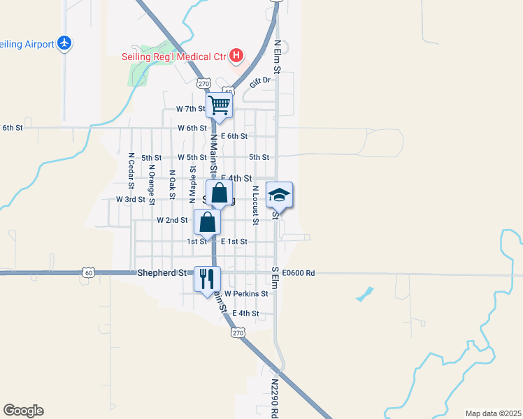 map of restaurants, bars, coffee shops, grocery stores, and more near 206 North Locust Street in Seiling