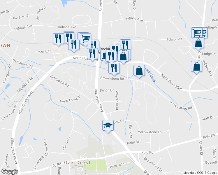 map of restaurants, bars, coffee shops, grocery stores, and more near 1015 Ranch Drive in Winston-Salem