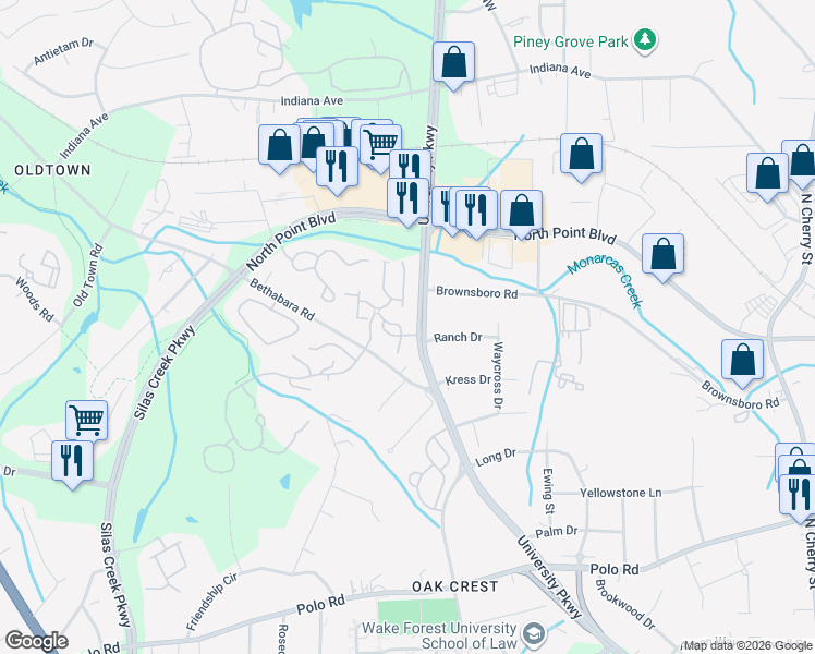 map of restaurants, bars, coffee shops, grocery stores, and more near 311 Scholastic Court in Winston-Salem