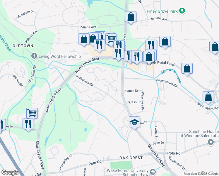 map of restaurants, bars, coffee shops, grocery stores, and more near 612 Scholastic Drive in Winston-Salem